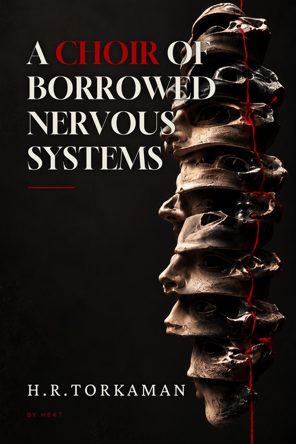 A Choir of Borrowed Nervous Systems — a stacked column of masks threaded by one red line.