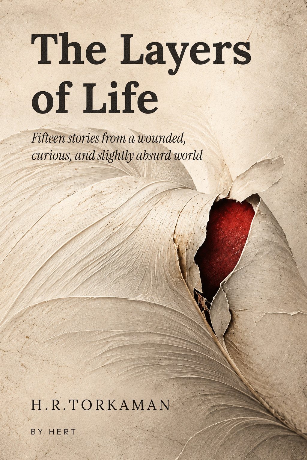 The Layers of Life — a pale feather split open to reveal a deep red core.