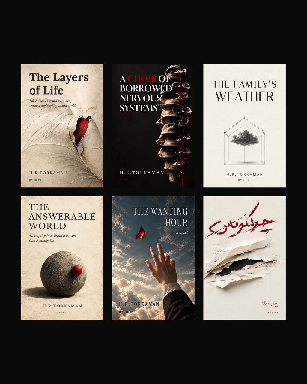 An author identity, six book covers and a website for a body of fiction and research published under one name.