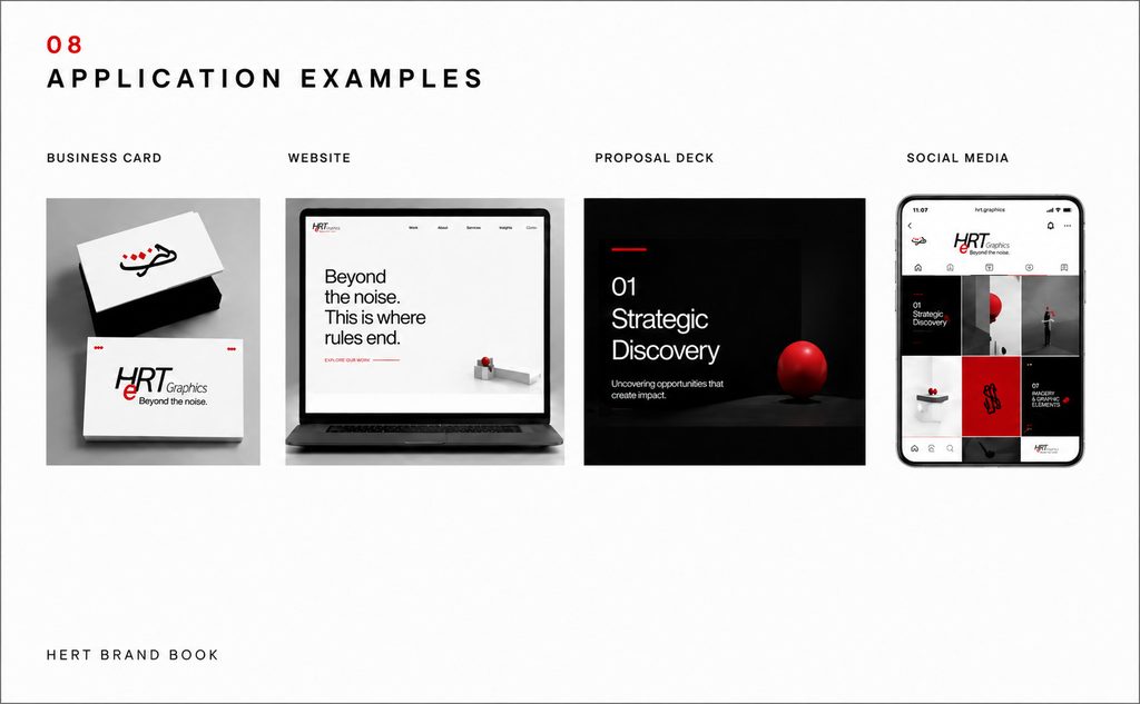 Application examples — business card, website, proposal deck and social media system.