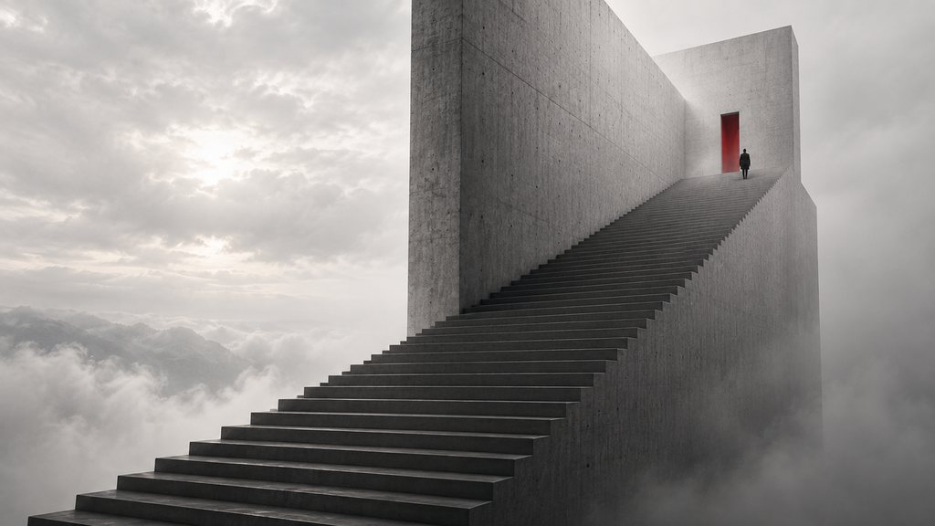 A concrete staircase climbing into cloud toward a small red doorway.