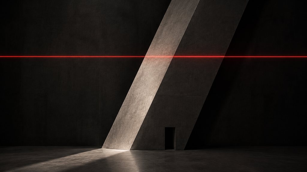 A dark concrete wall crossed by one shaft of daylight and a single thin red line.