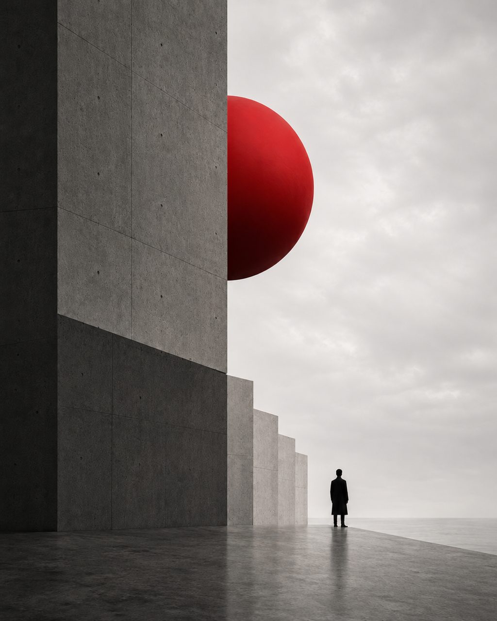 A receding colonnade of concrete slabs under a pale sky, a single red sphere resting at the end of the run.