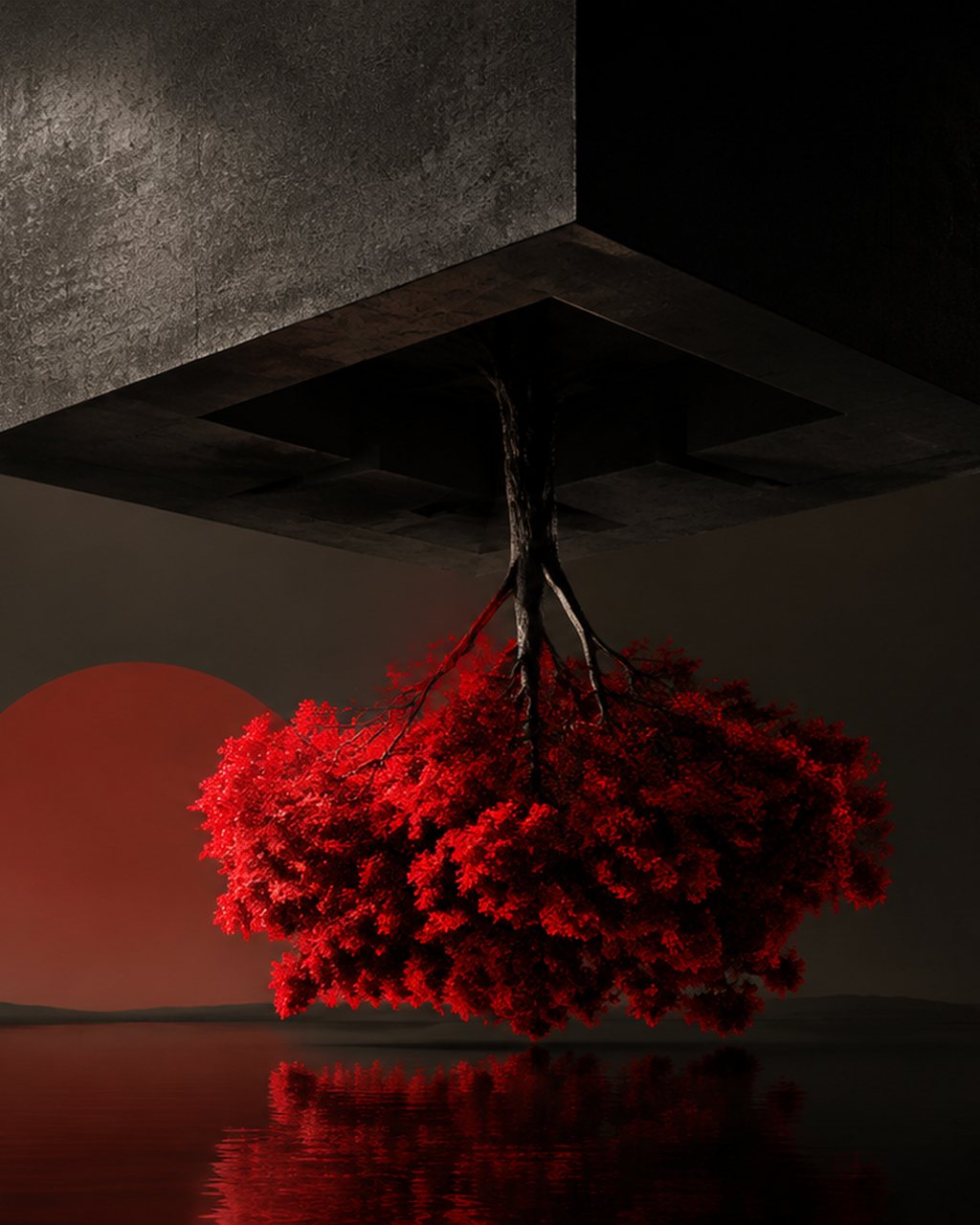 A red tree growing downward from the underside of a concrete slab, reflected in still water beneath a red sun.
