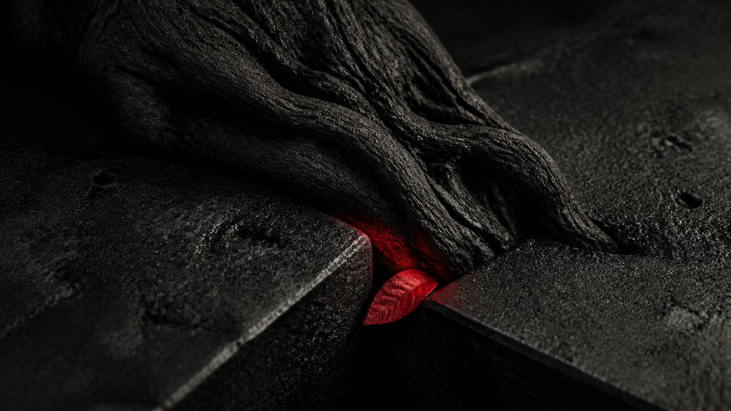A vast root system pressed against concrete, a seam of red light beneath it.
