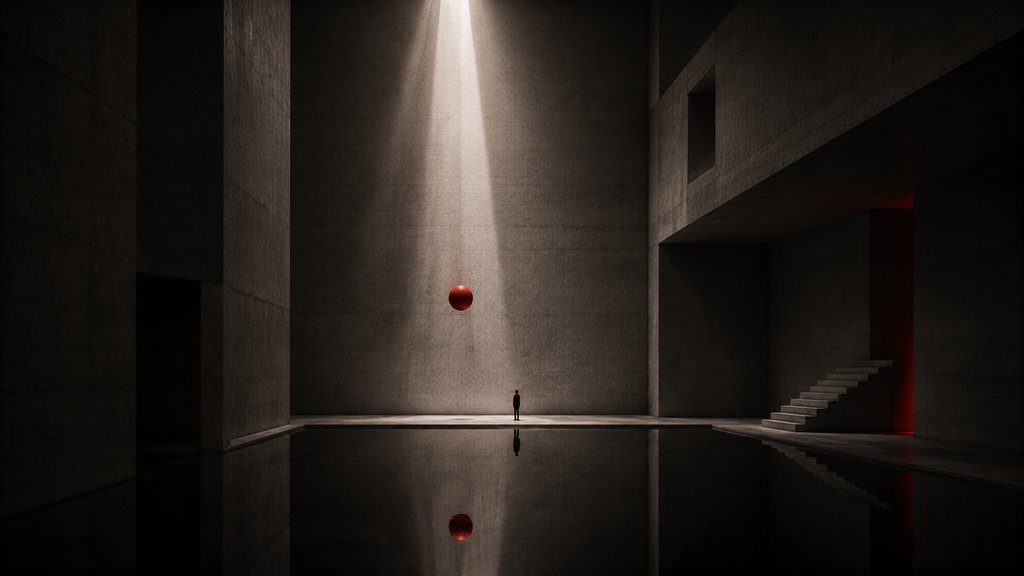 A dark sphere held at the tip of a cantilevered concrete wedge above water.
