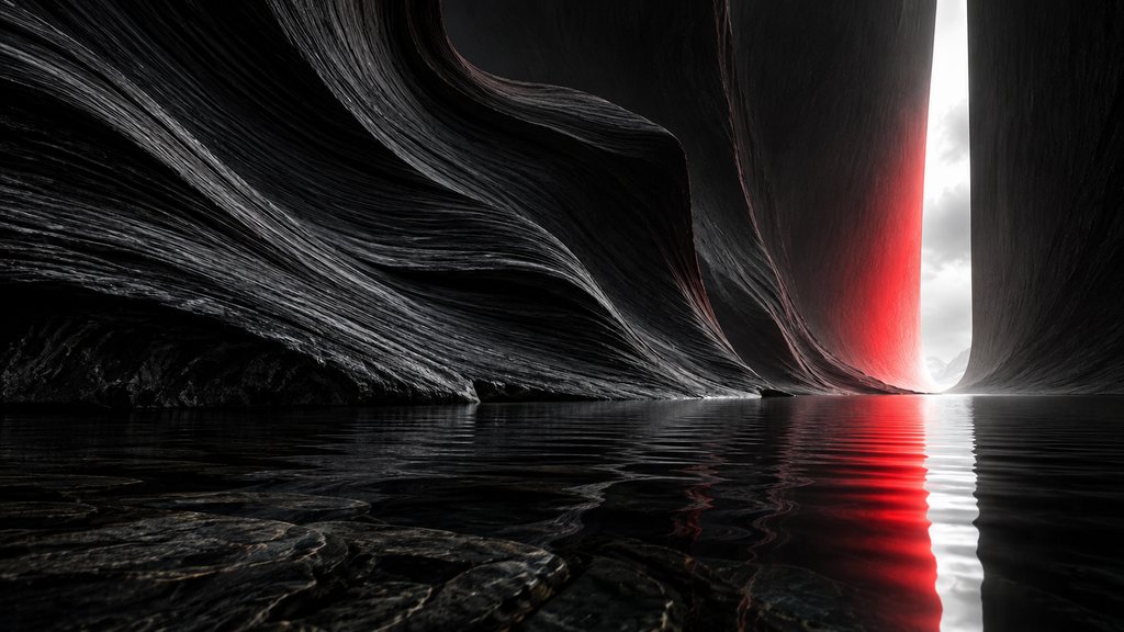Black folded strata meeting still water, split by a vertical shaft of red.
