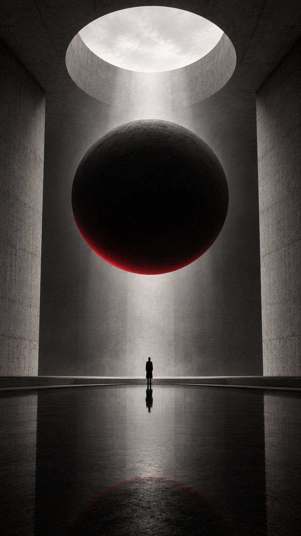 A dark sphere hanging in a concrete chamber under a circular skylight.