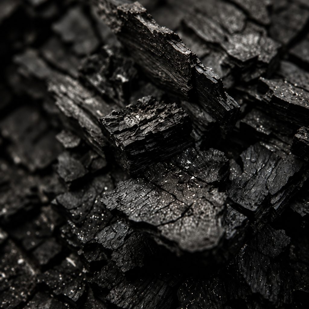 Broken charcoal, dry and faceted, in near-darkness.