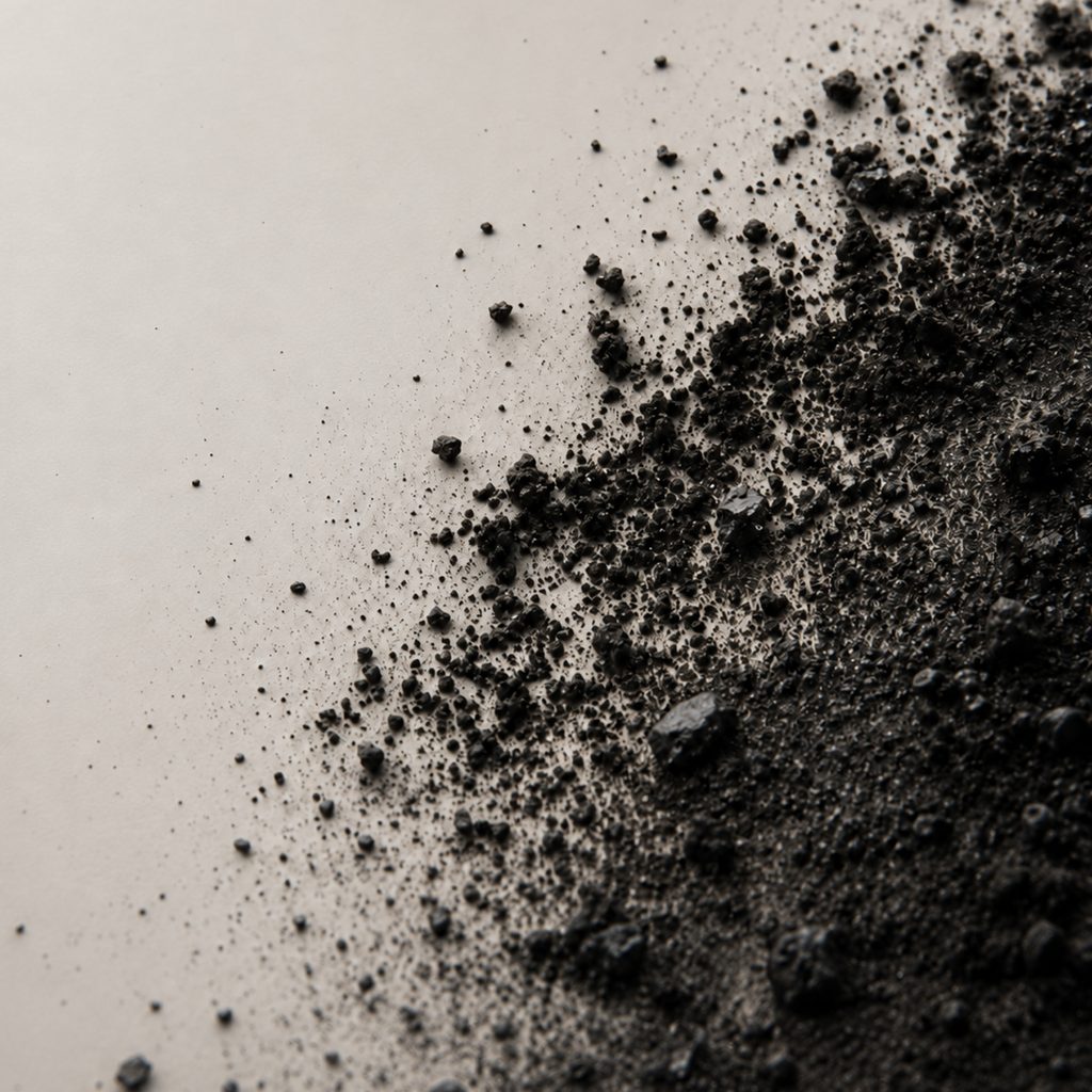 Fine black grit scattered across a pale ground, dense at one edge and thinning to nothing.