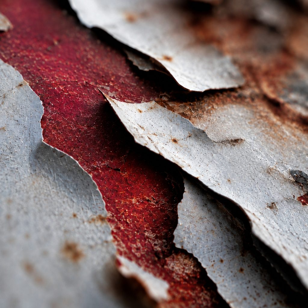 Paint peeling from rusted steel, exposing deep red beneath.