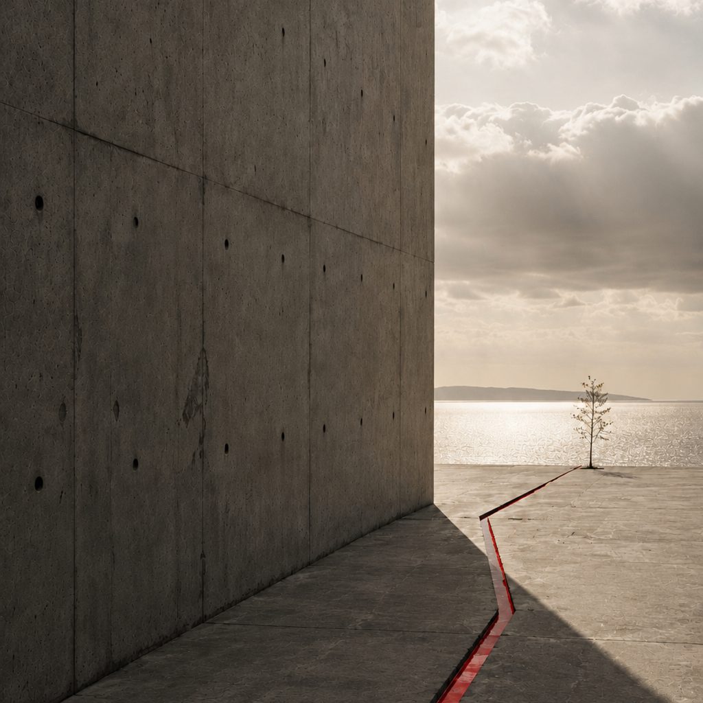 A concrete wall opening onto a pale sea horizon, a red seam tracing the floor towards it.